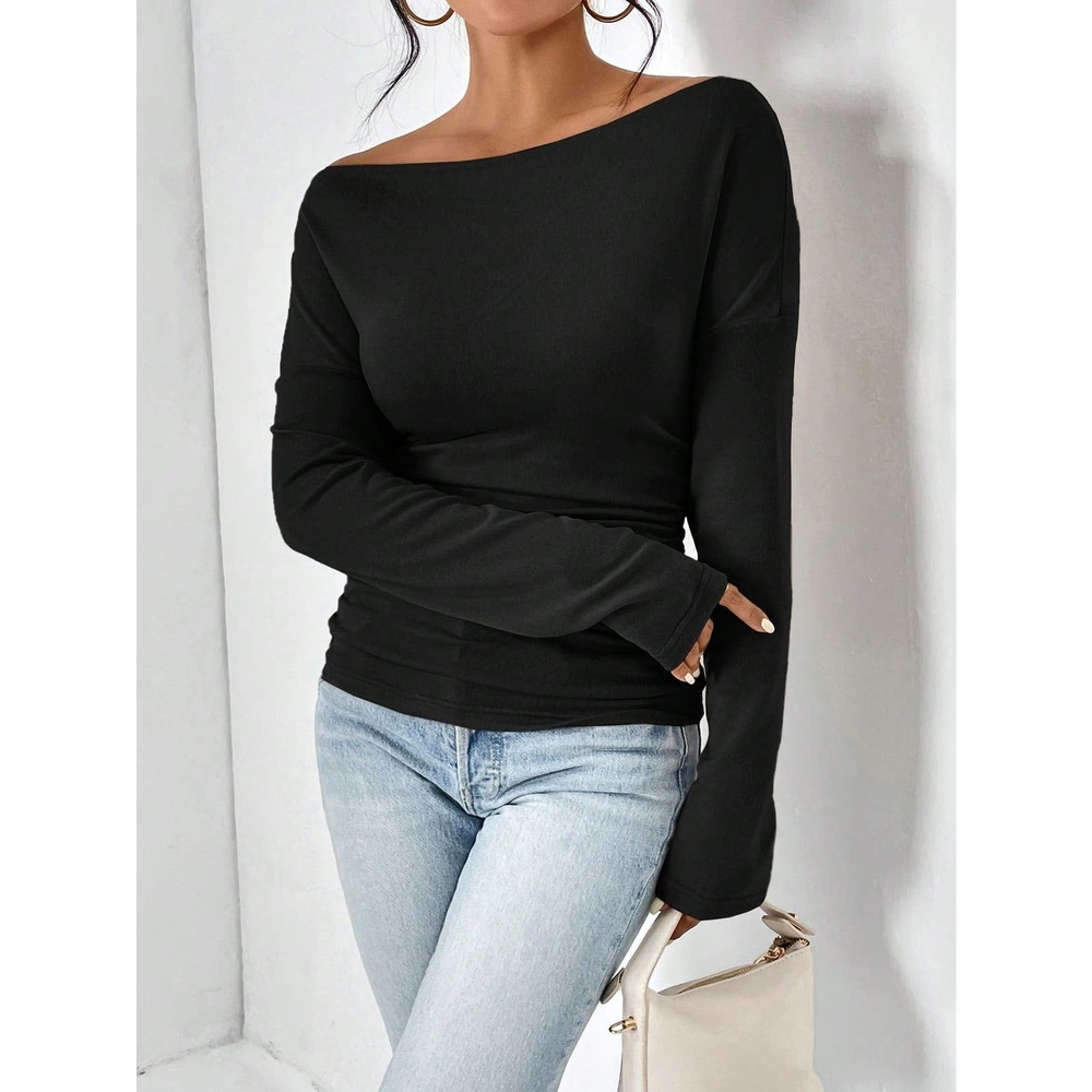 BLACK cold shoulder off the shoulder long sleeve Ruched Tee - Picture 3 of 5
